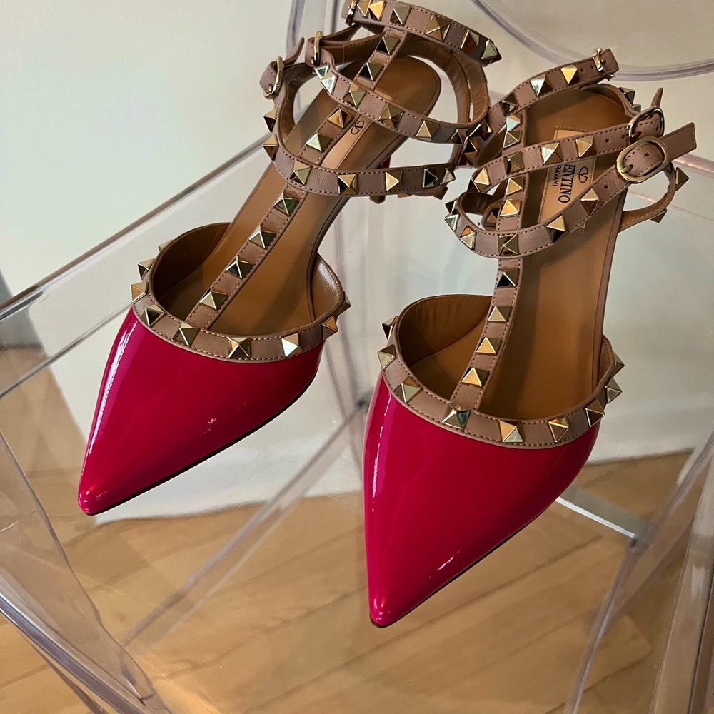 Valentino Rockstar Caged Pump with ankle strap 65mm Hot pink and nude size 38